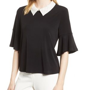 CeCe Mixed Media Polka Dot Collar Blouse